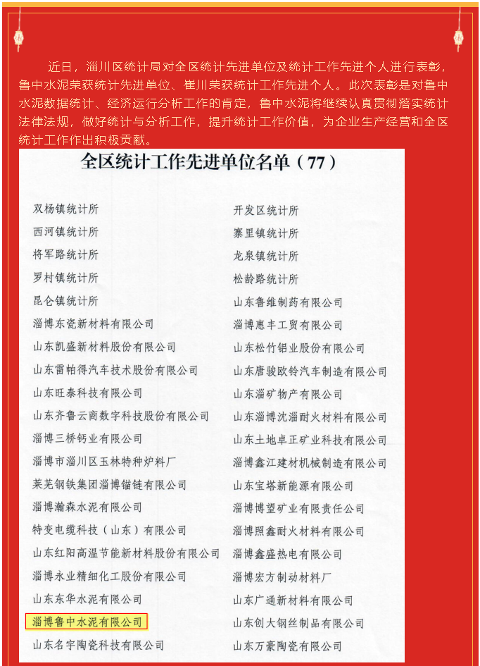魯中水泥榮獲統(tǒng)計(jì)先進(jìn)單位、崔川榮獲統(tǒng)計(jì)工作先進(jìn)個人92