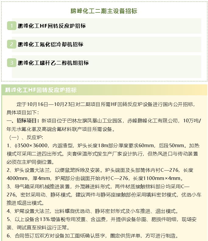 【招標公告】鵬峰化工HF回轉(zhuǎn)反應(yīng)爐、氟化鋁冷卻機、螺桿乙二醇機組招標43